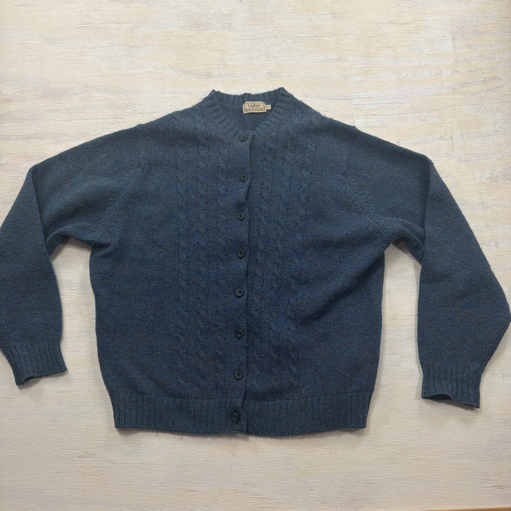 LL Bean Cardigan Sweater 42 Shetland Mohair Cable Knit Blue Made in England